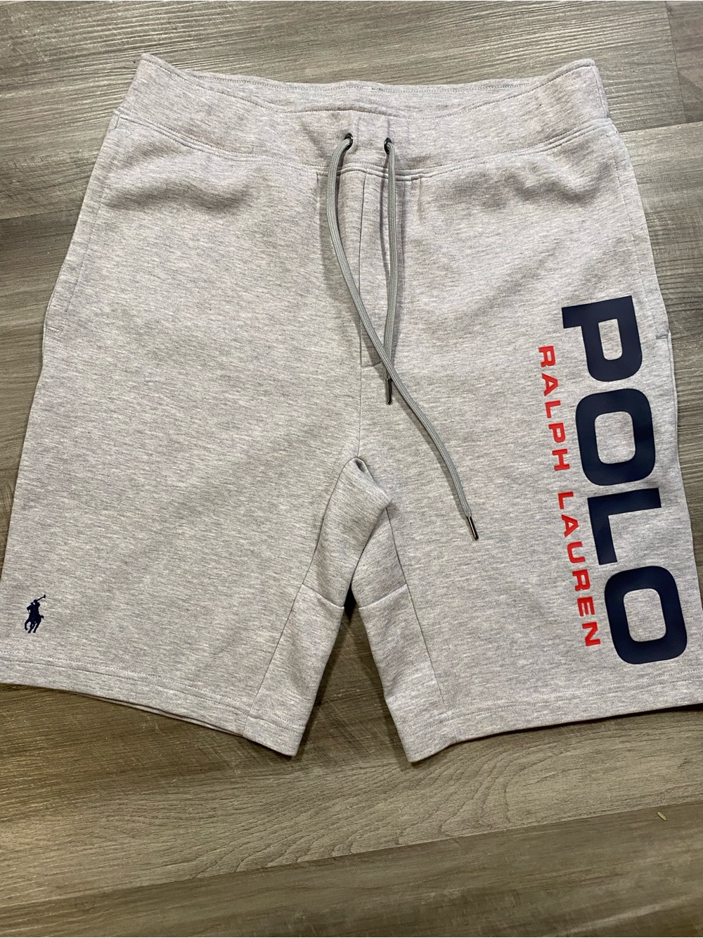 Ralph Lauren Light Gray POLO Logo Athletic Shorts with Navy & Red Accents